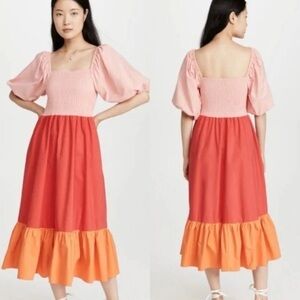 Rhode Eloise Strawberry Ruched Balloon
Sleeve Midi Dress Tiered Pink & Orange XS